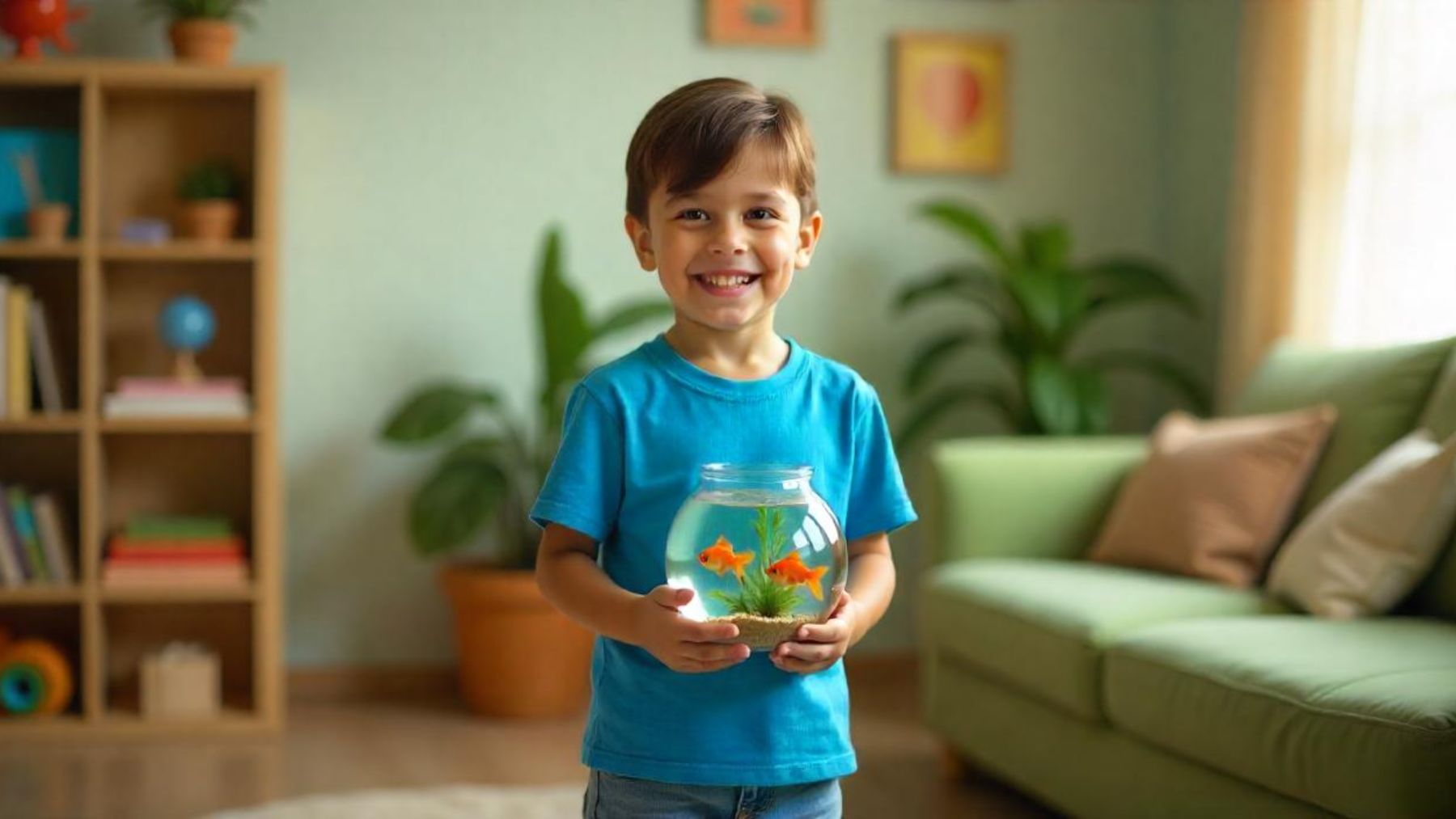 Un niño sosteniendo un acuario con peces. Foto: Freepik IA