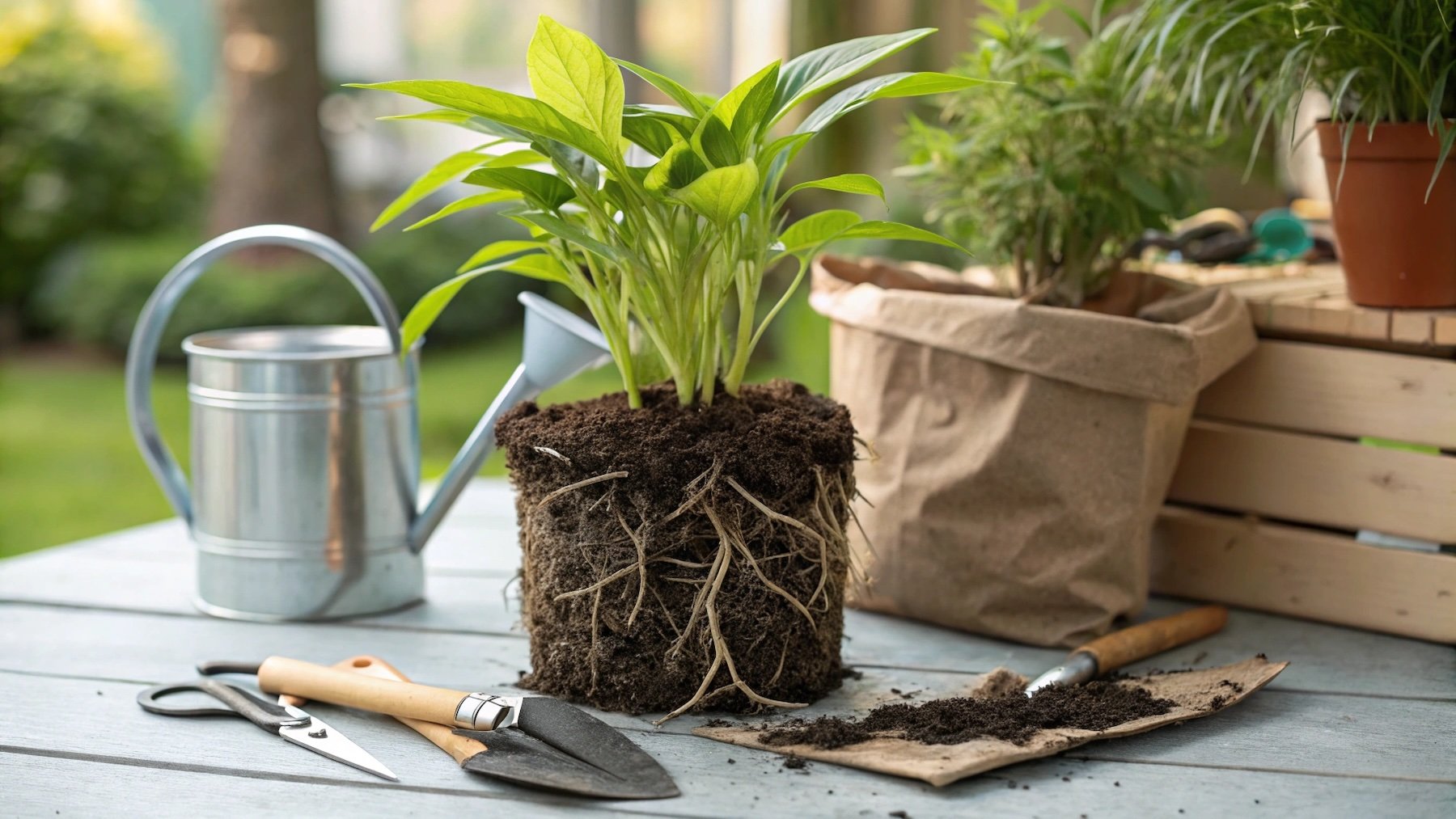 Una planta en maceta con raíces sanas.