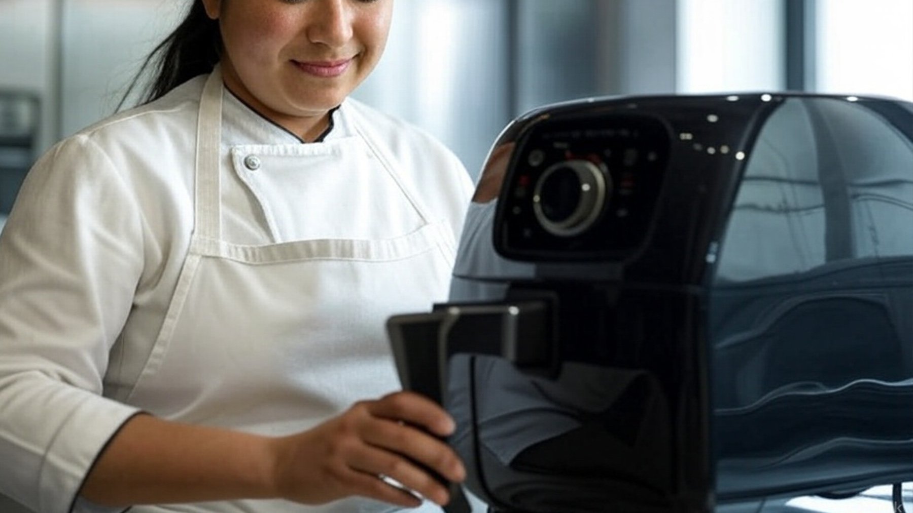 Una mujer chef usando una freidora de aire. Foto: ilustración propia.