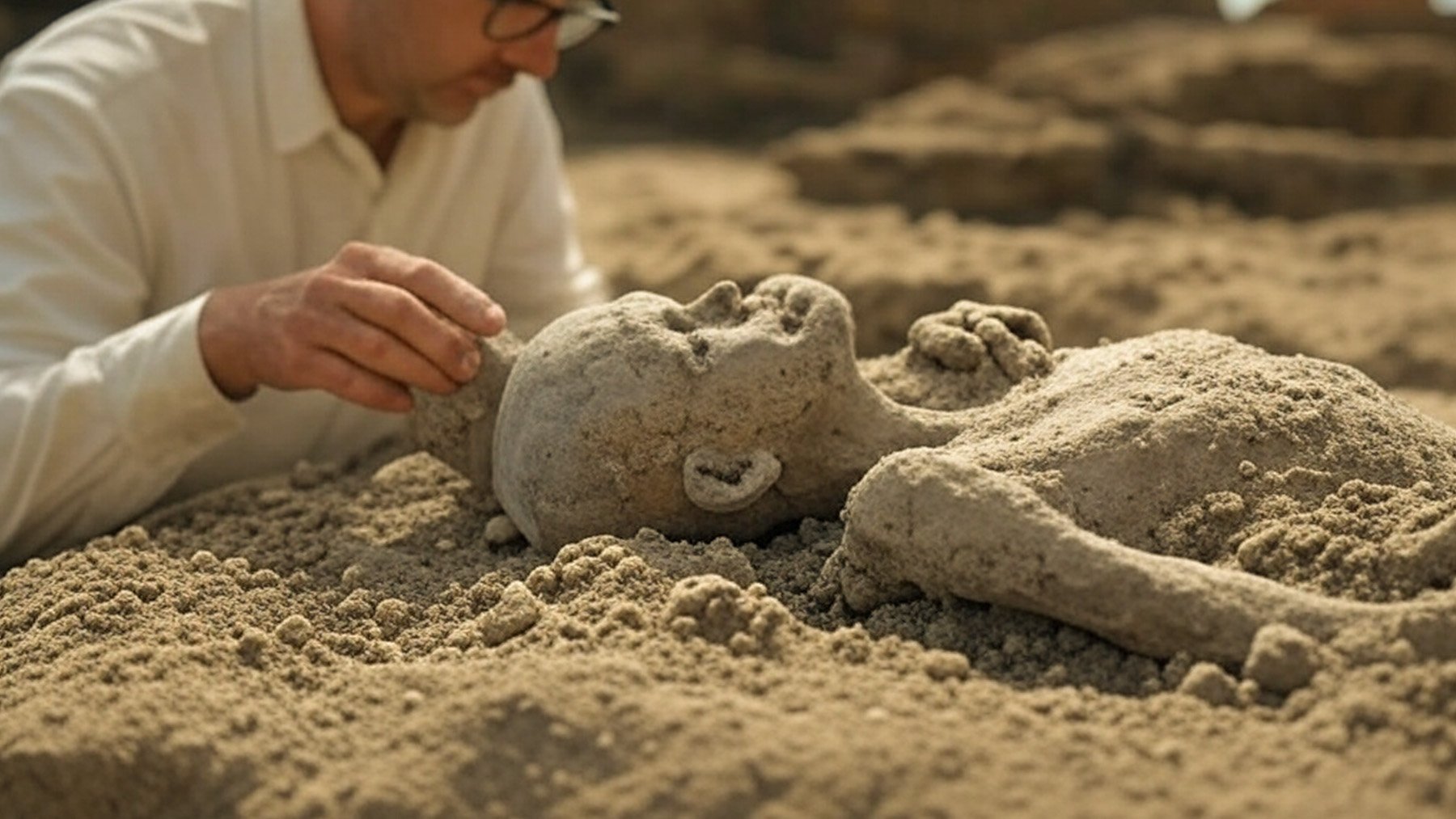 Hombre en el medio de un hallazgo arqueológico en Pompeya. Foto: Ilustración propia.