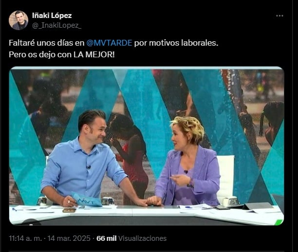 Captura del mensaje con el que Iñaki López anuncia su baja de Más vale tarde (X).