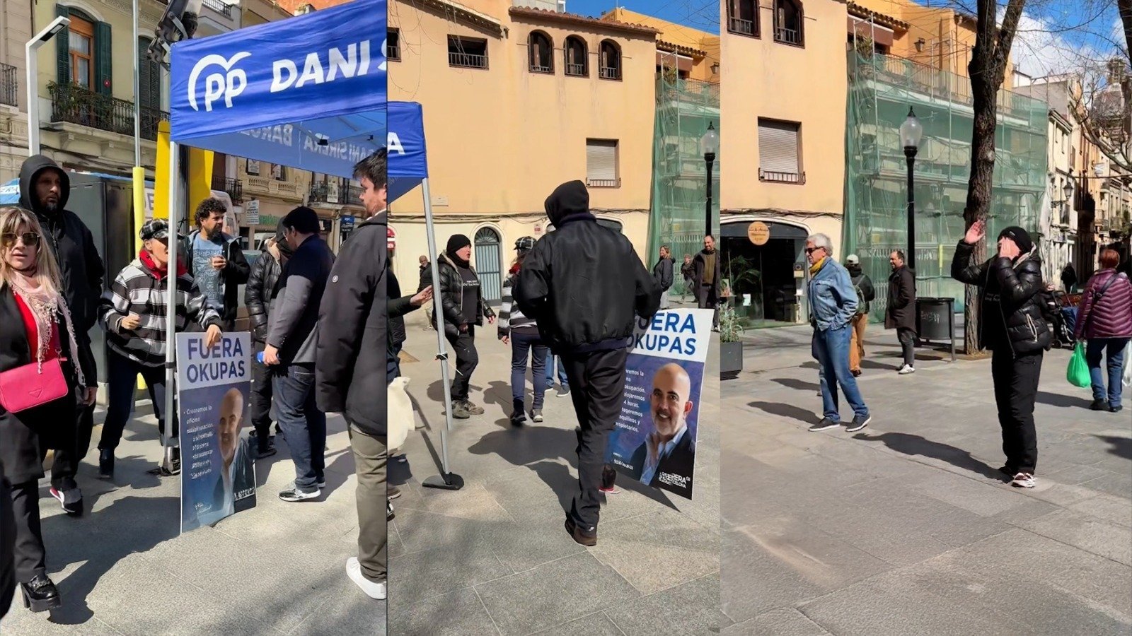 Radicales atacan una carpa del PP en Barcelona contra la okupación al grito de «¡sois unos fascistas!»