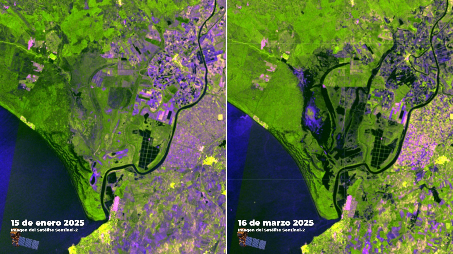 Imágenes del satélite Sentinel-2 el 15 de enero de 2025 (izqda) y el pasado 16 de marzo