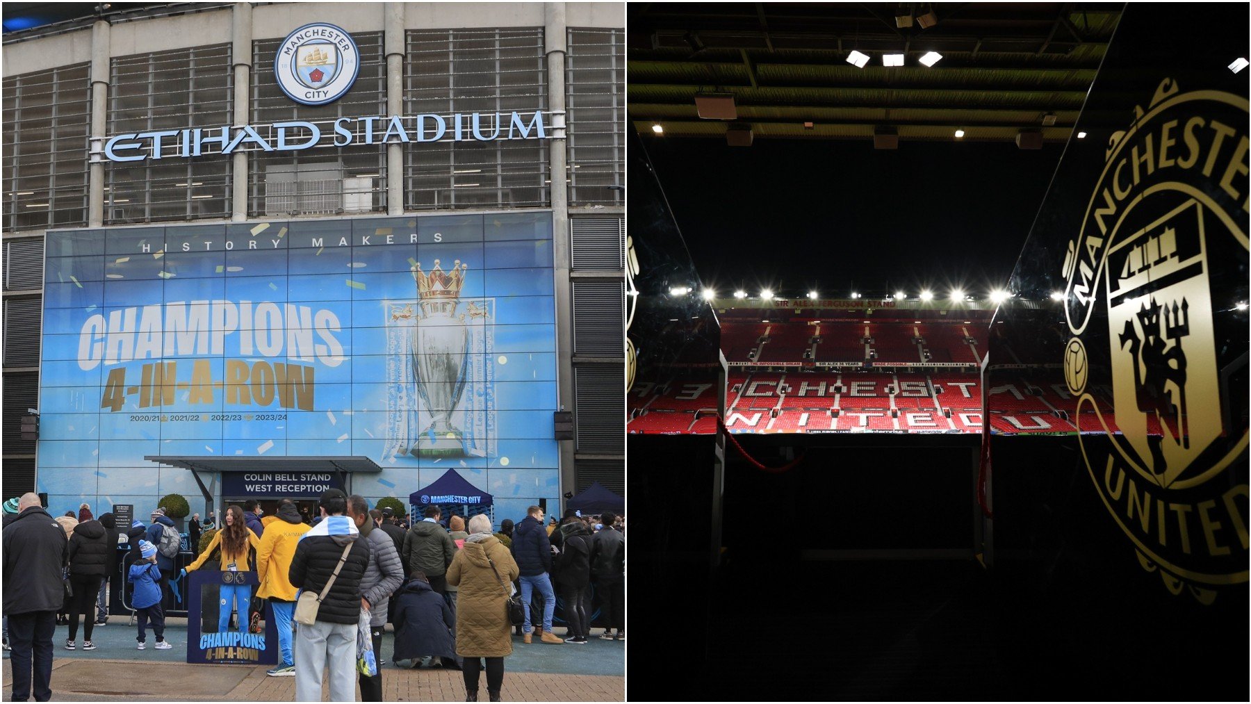 Montaje con imágenes del Etihad Stadium y Old Trafford. (EP/EFE)