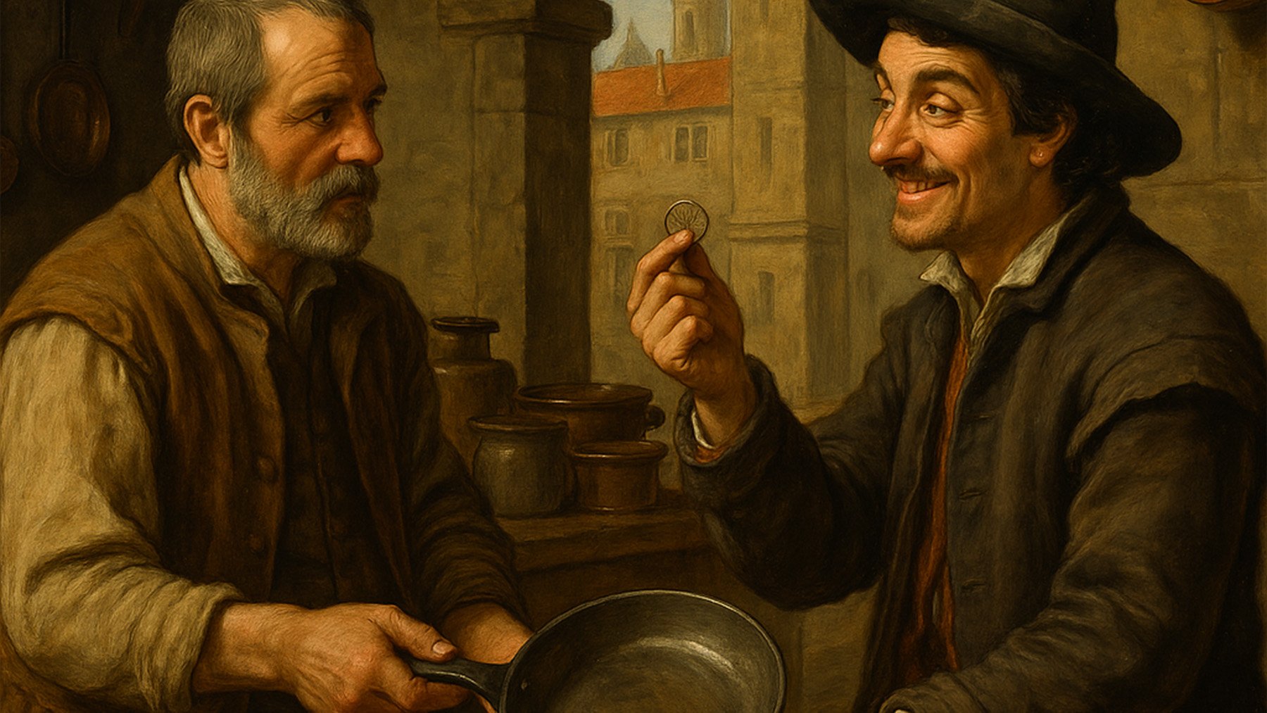 Un calderero sujetando una sartén vieja y un pícaro comprándola. Foto: ilustración propia.