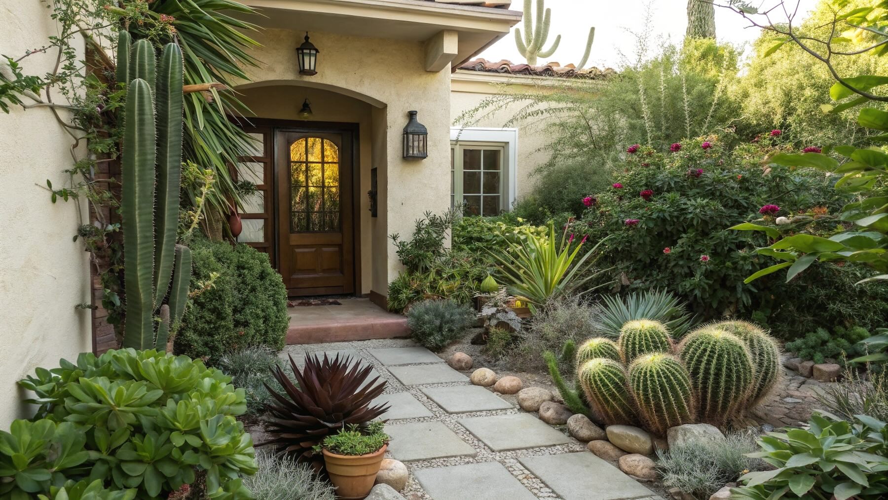 Puerta de casa con plantas.