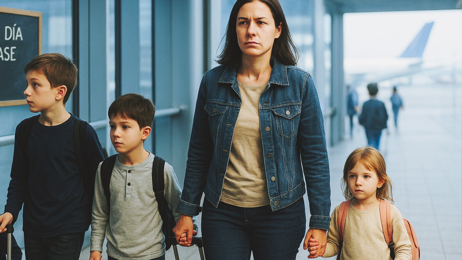Madre junto a sus hijos en un aeropuerto. Foto: ilustración propia.