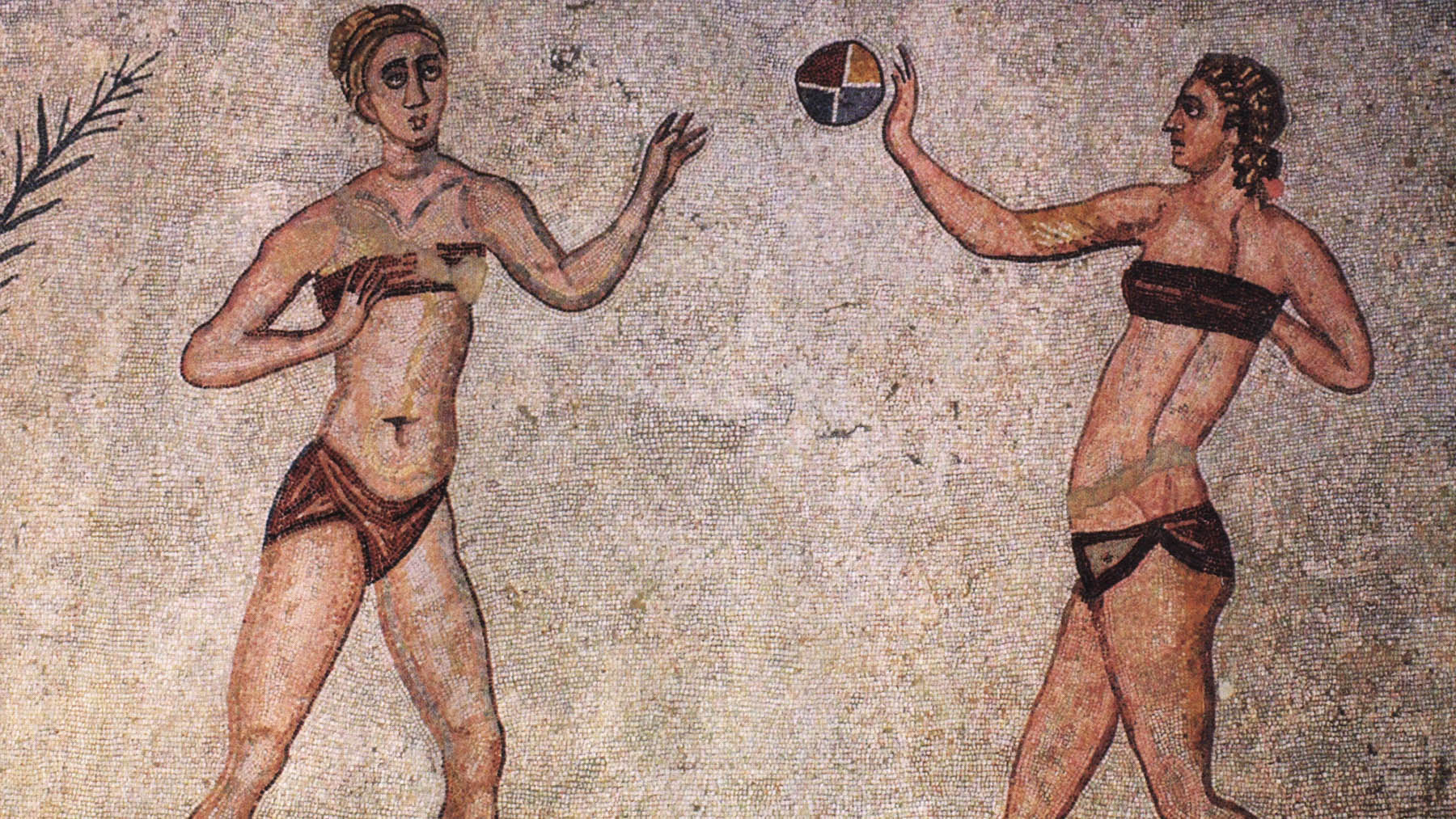 Mosaico de Villa de Casale mostrando a dos mujeres jugando al Trigon. Foto: Science&Avenir en Wikimedia Commons.