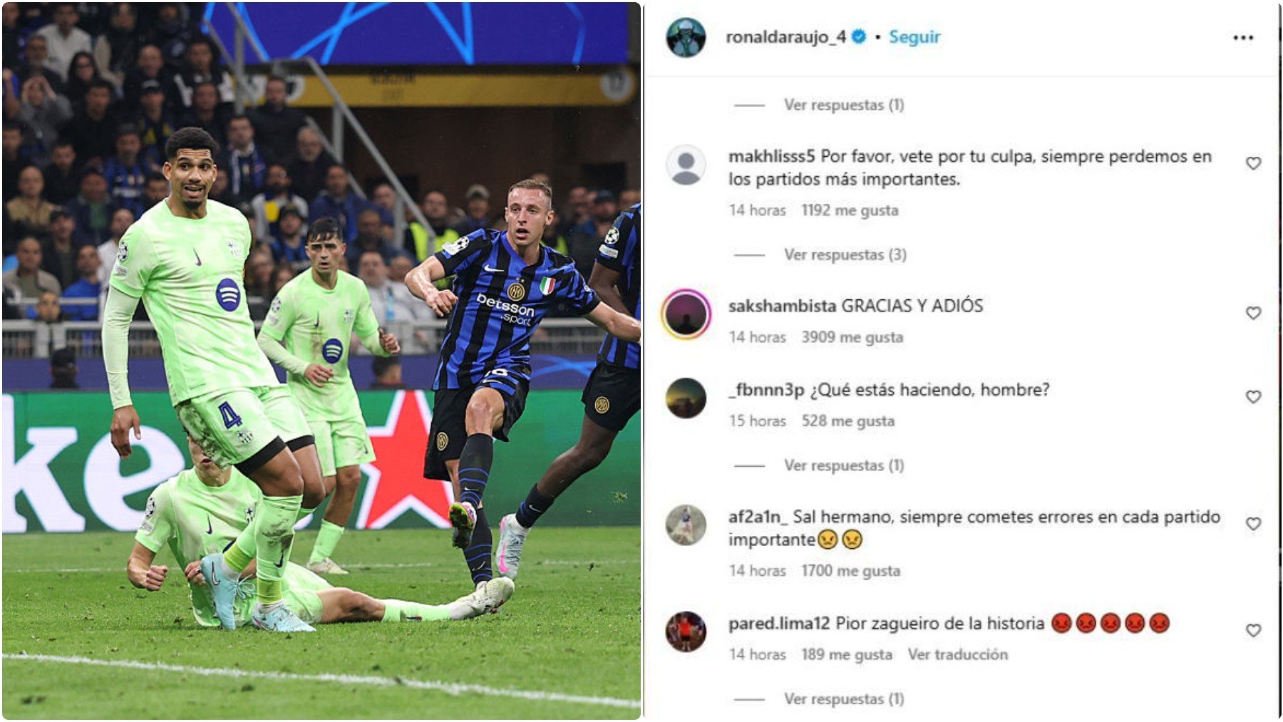 Araujo bloquea los comentarios en redes por los insultos de los hinchas del Barça tras caer en Champions