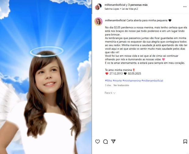 Carta de despedida de la madre de Millena Brandao en Instagram. 