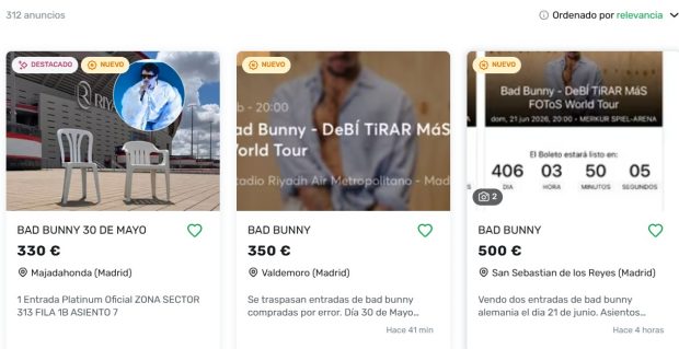 Captura de pantalla de una web en la que ya hay reventa de entradas de Bad Bunny.