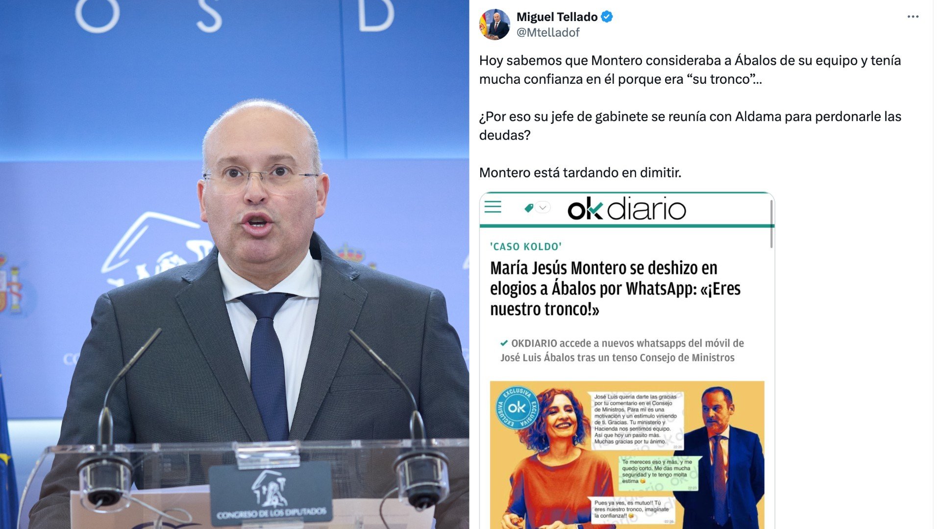 Tellado pide la dimisión de Montero tras la exclusiva de OKDIARIO sobre los mensajes con Ábalos