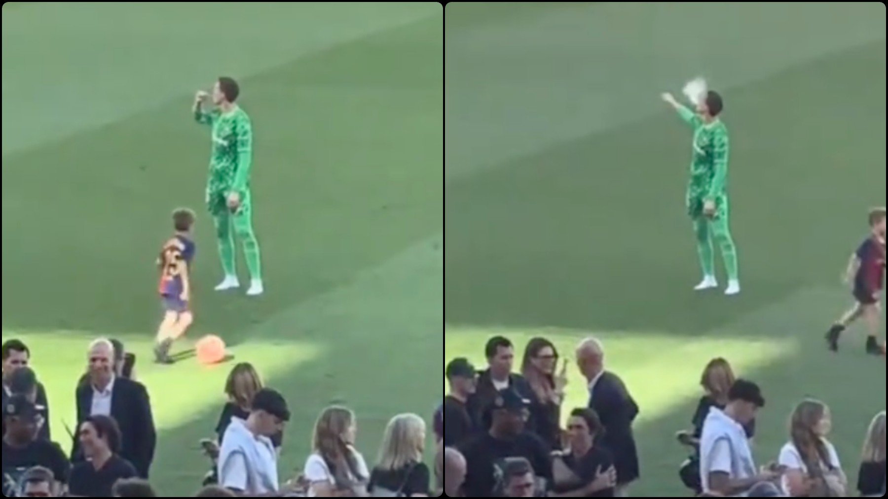 Szczesny, fumando tras el Clásico en el césped de Motnjuic.