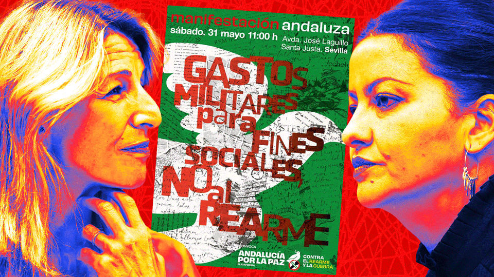 Yolanda Díaz y Sira Rego, de Sumar, y el cartel de la manifestación.