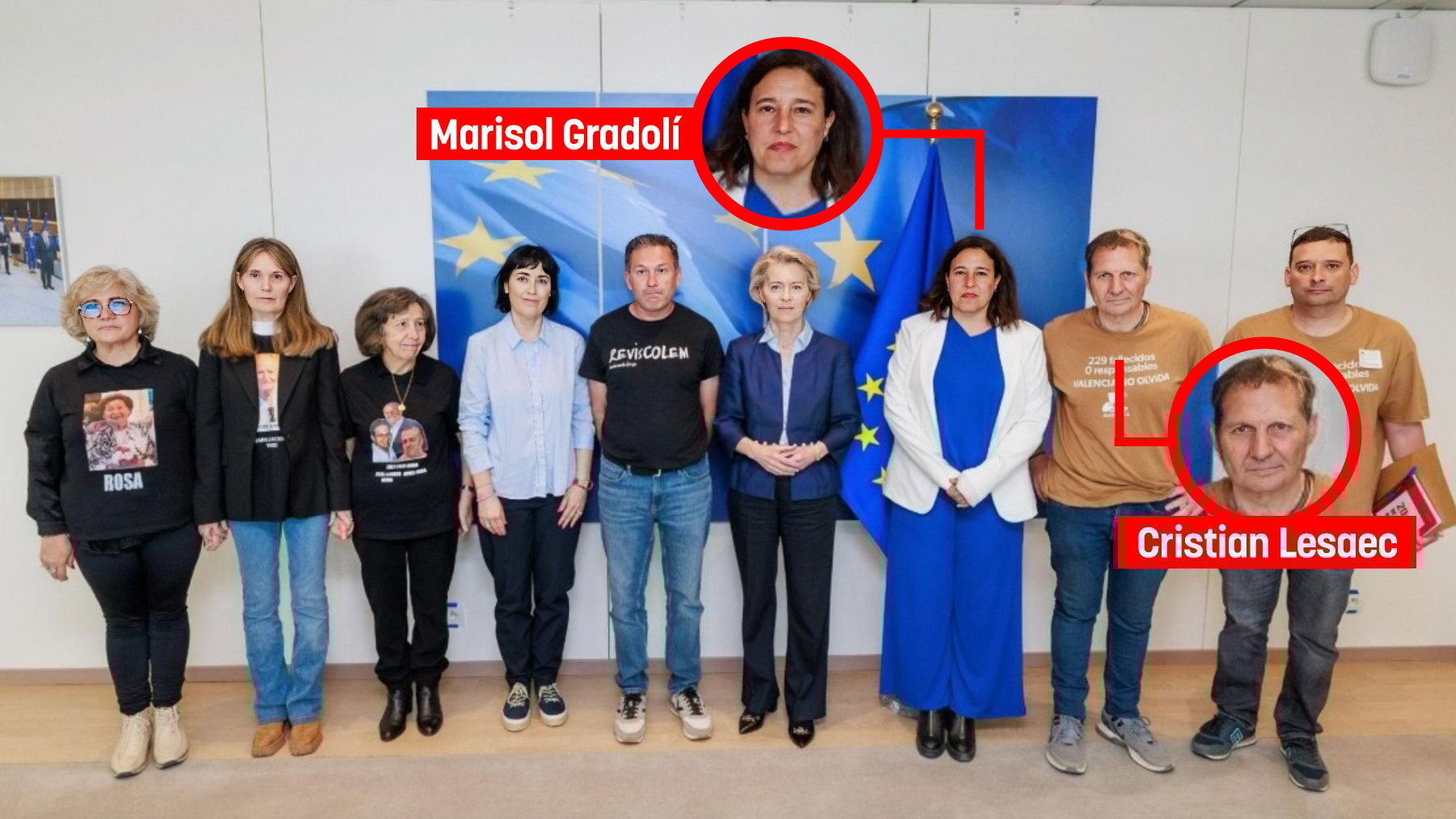 Imagen de este martes en Bruselas. Al lado de Von der Leyen, Mariló Gradolí. Y, junto a Gradolí, Cristian Lesaec. (EUROPA PRESS).