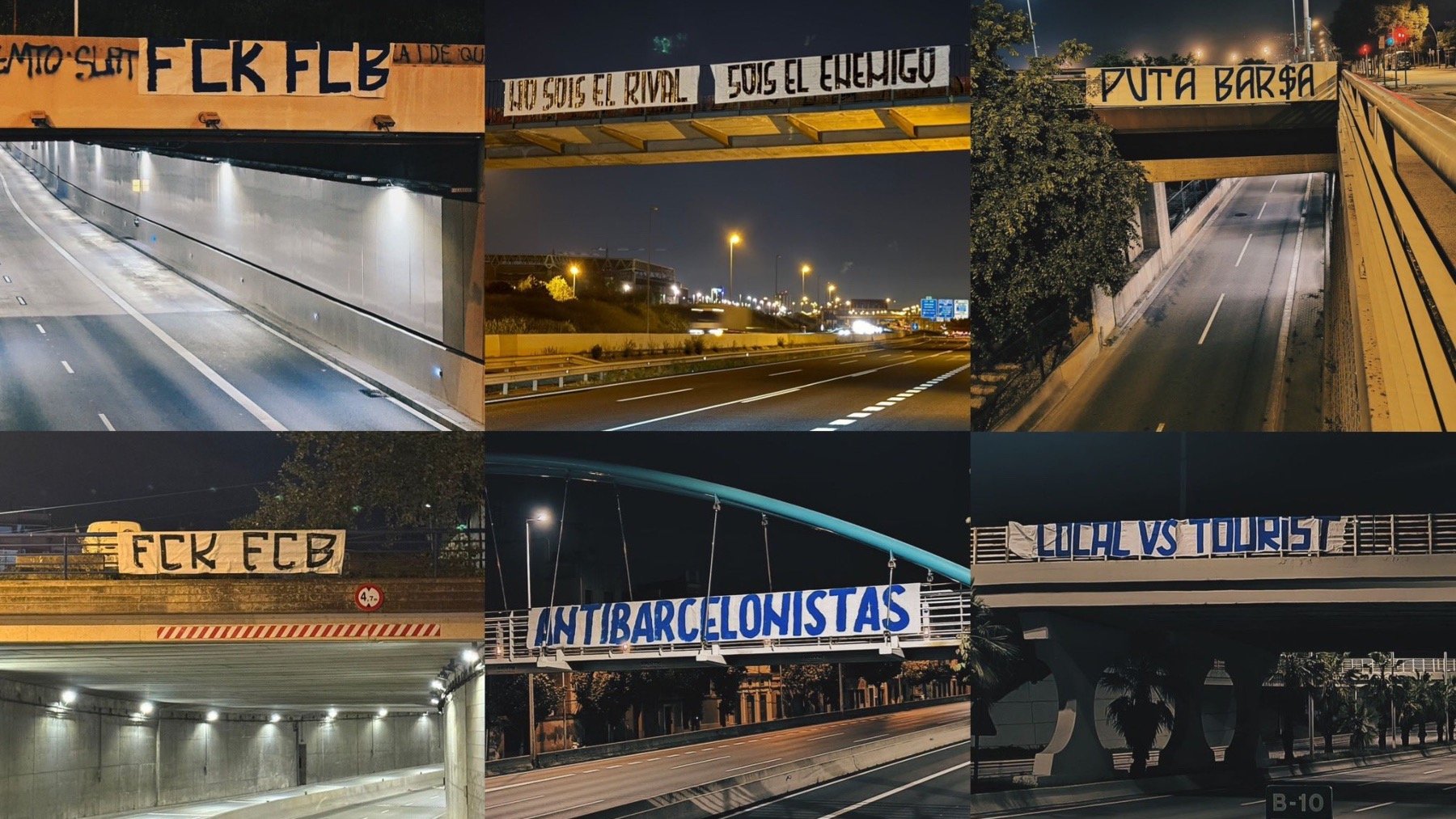 Pancartas en diferentes puntos de Barcelona antes del derbi catalán. (@CurvaRCDE)