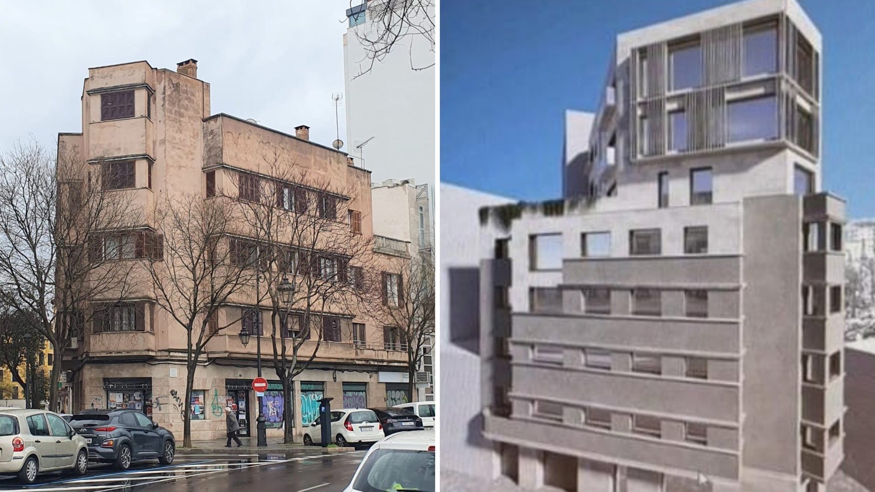 Imagen del edificio actual y recreación virtual del proyecto de reforma aprobado.