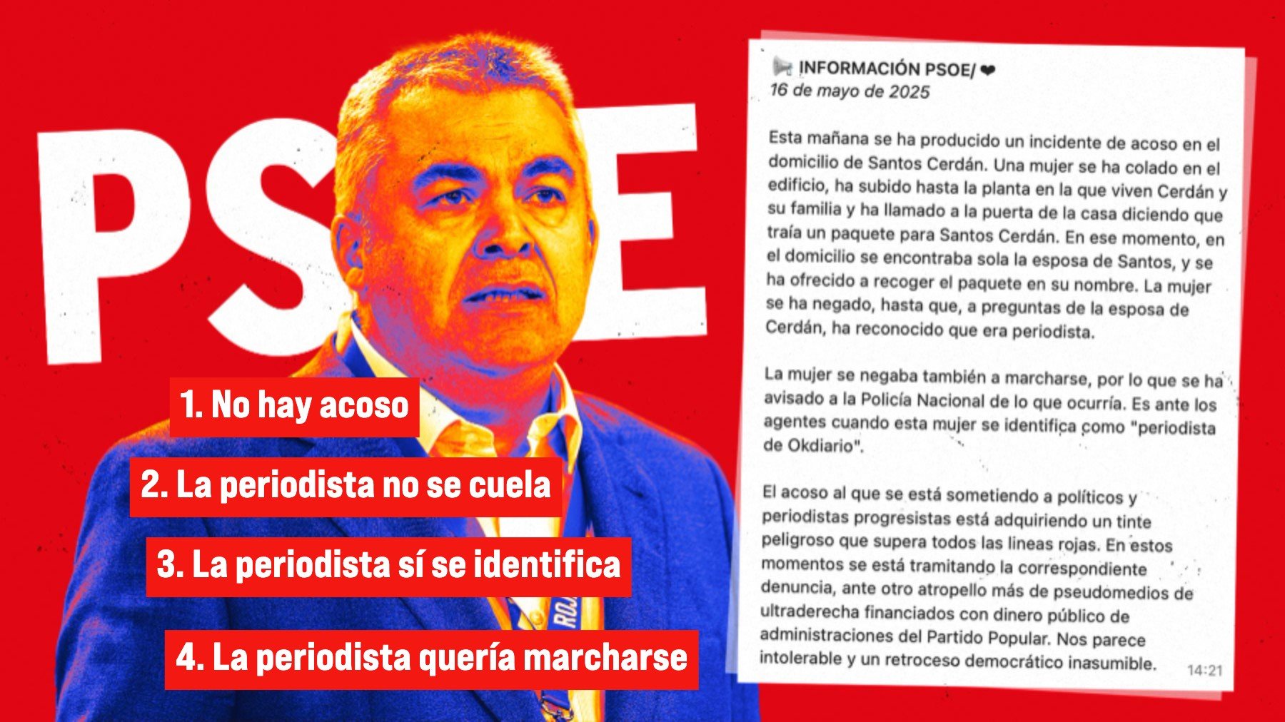El PSOE miente en su comunicado: la periodista se identificó y no se coló en la casa de Cerdán