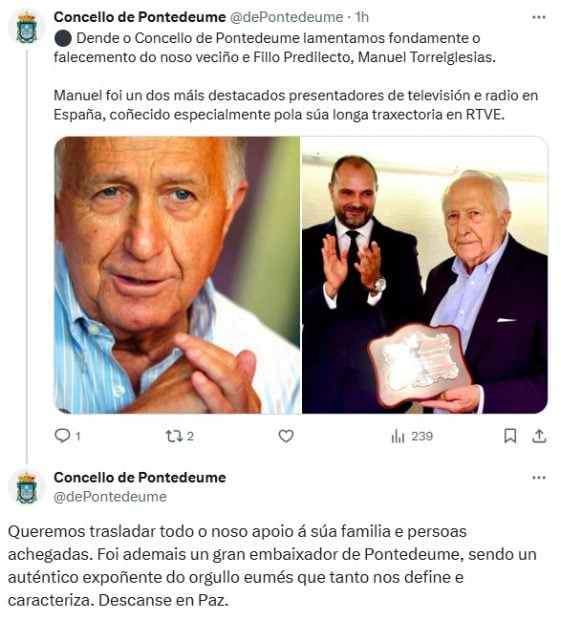 El Concello de Pontedeume se despide del presentador Manuel Torreiglesias. (X)