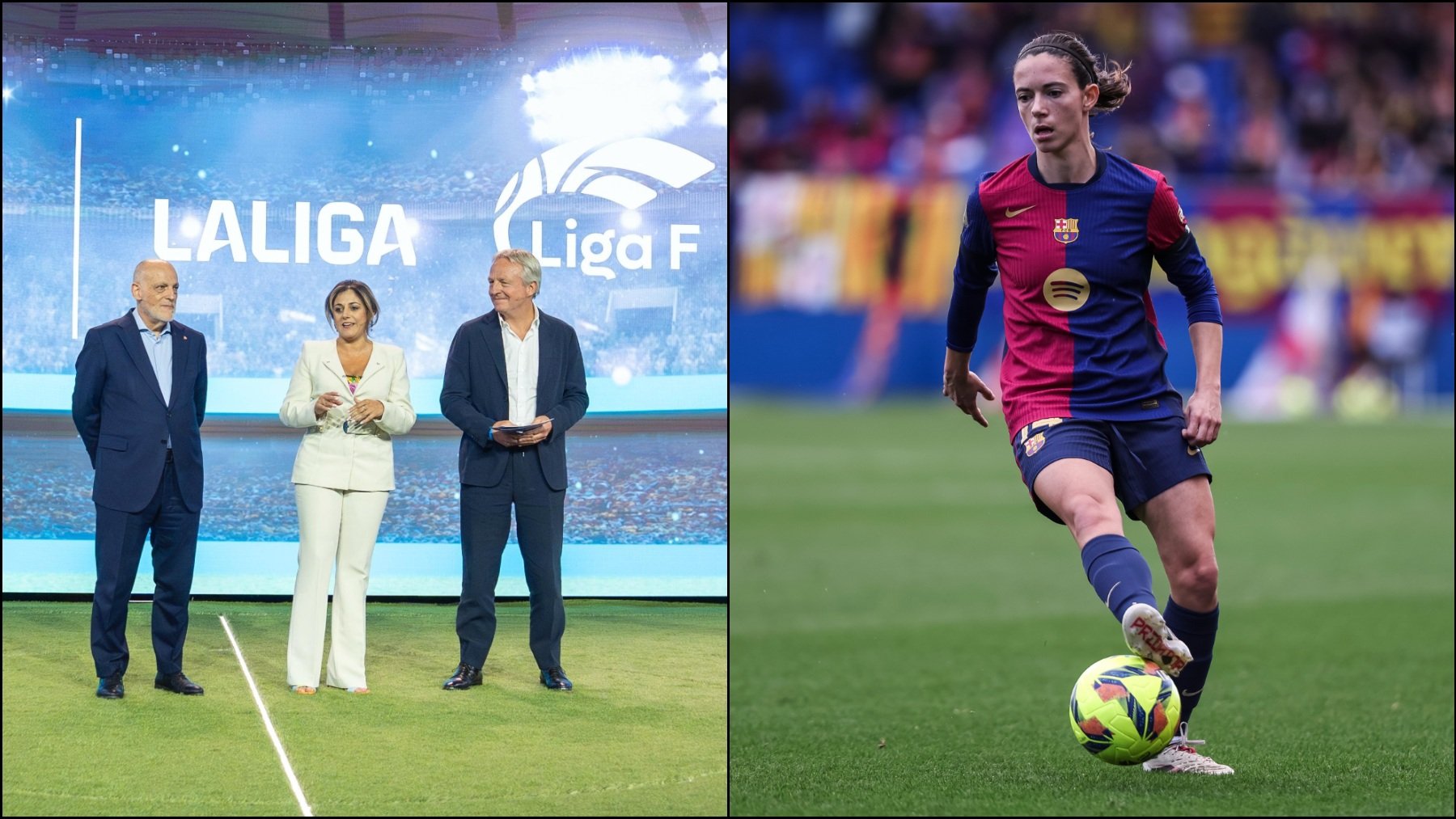 Javier Tebas en un acto de colaboración de las Ligas masculina y femenina y Aitana Bonmatí, jugadora del Barcelona. (EP)