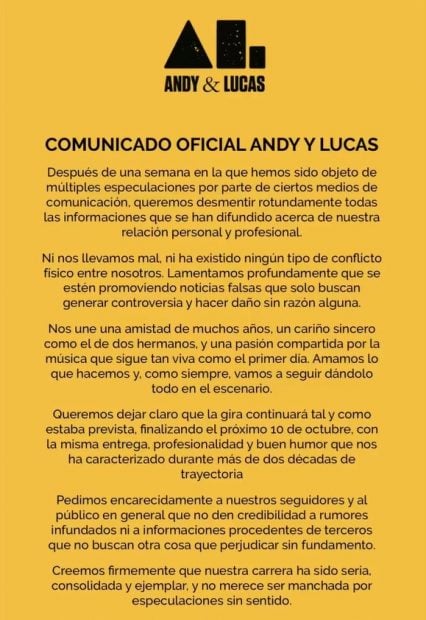 Comunicado de Andy y Lucas negando su pelea (Instagram).
