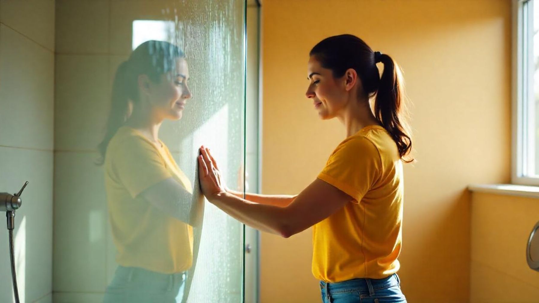 Una mujer limpiando la mampara del baño. Foto: Freepik IA