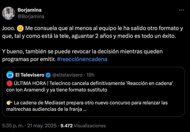 Comentario de Borjamina en redes sociales. (X)
