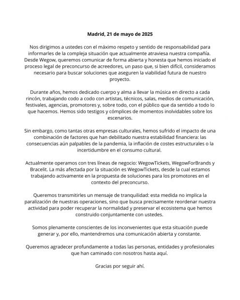 Comunicado de WeGow en el que anuncia que entra en pre concurso de acreedores (X).