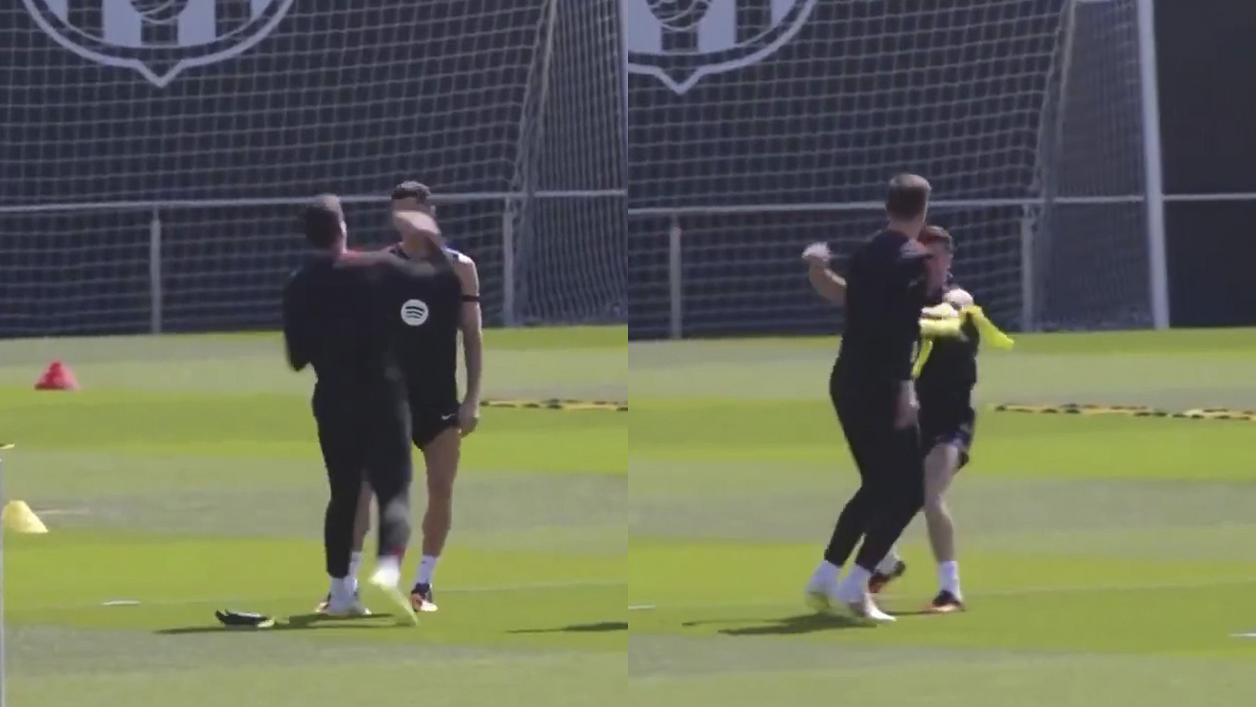 Lewandowski y Szczesny protagonizaron una divertida escena en el último entrenamiento del Barça.