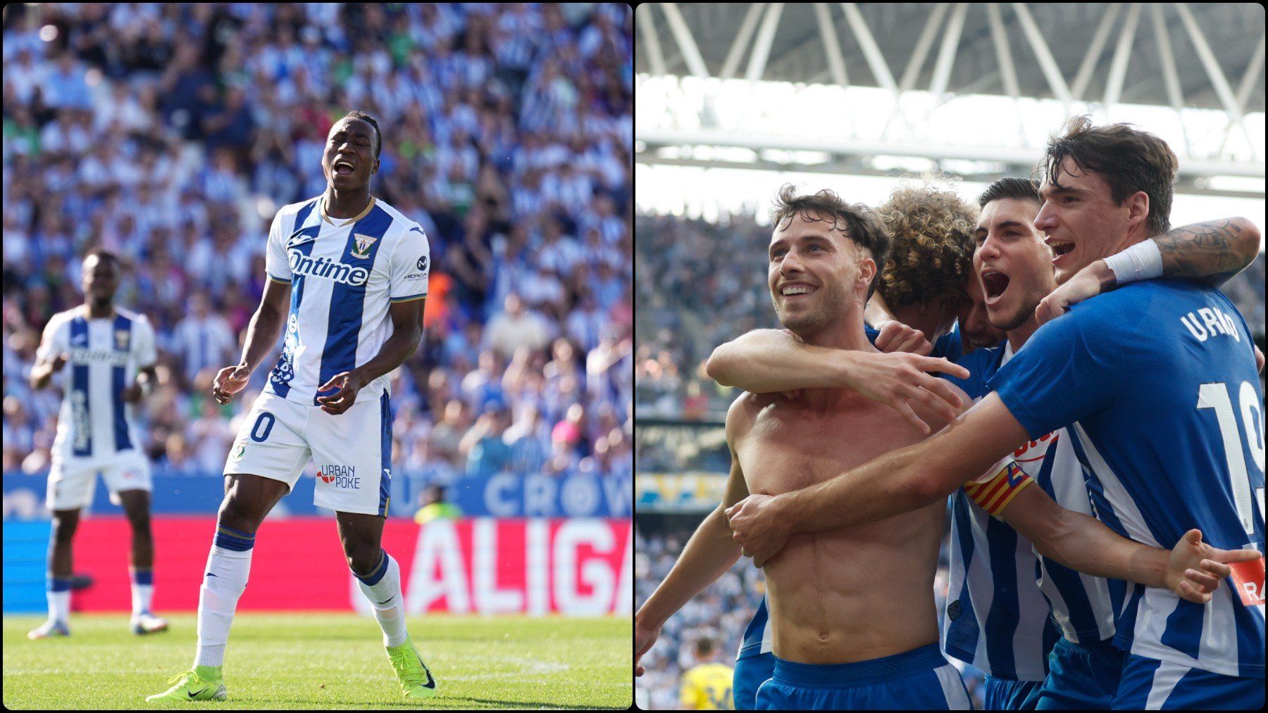 Yan Diomande, del Leganés, se lamenta tras una acción fallado, mientras los jugadores del Espanyol celebran el gol de Puado.