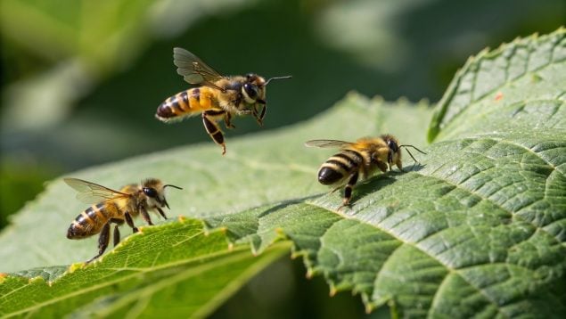 Abejas, hojas, plantas, insectos
