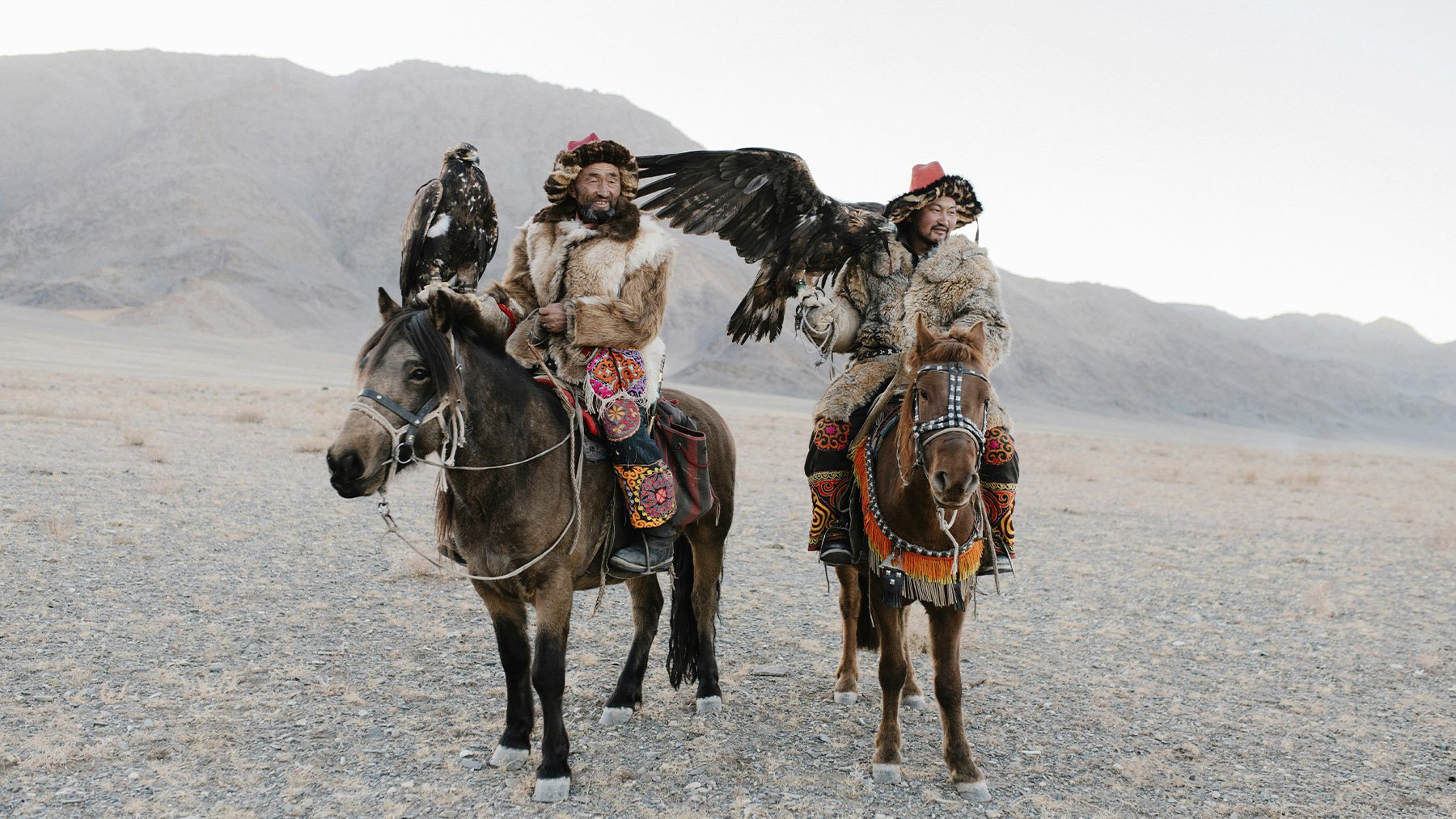 Mongoles con sus halcones para cetrería. Foto: Pexels.