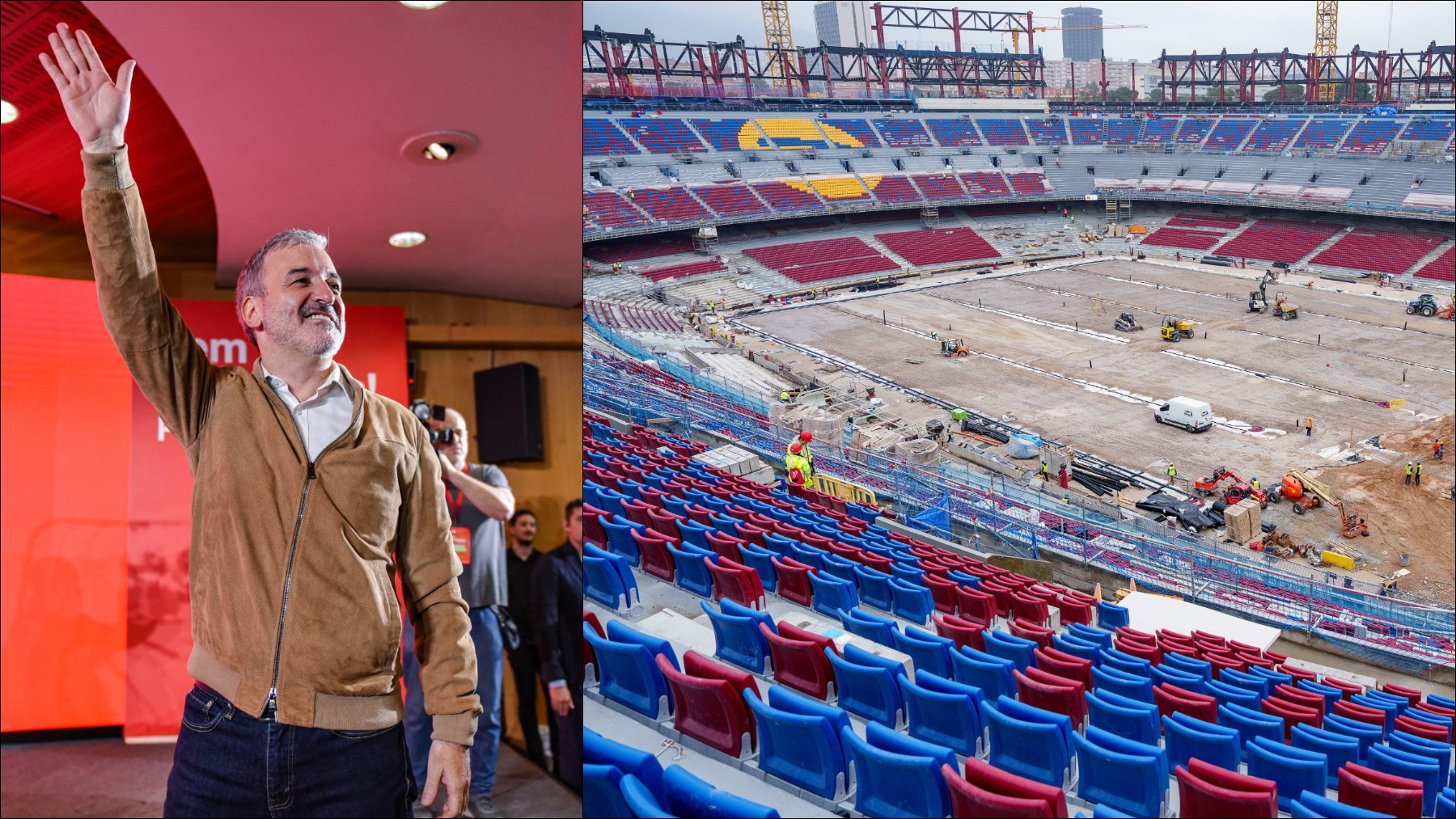 Jaume Collboni, alcalde de Barcelona, y el Camp Nou en obras. (EP)