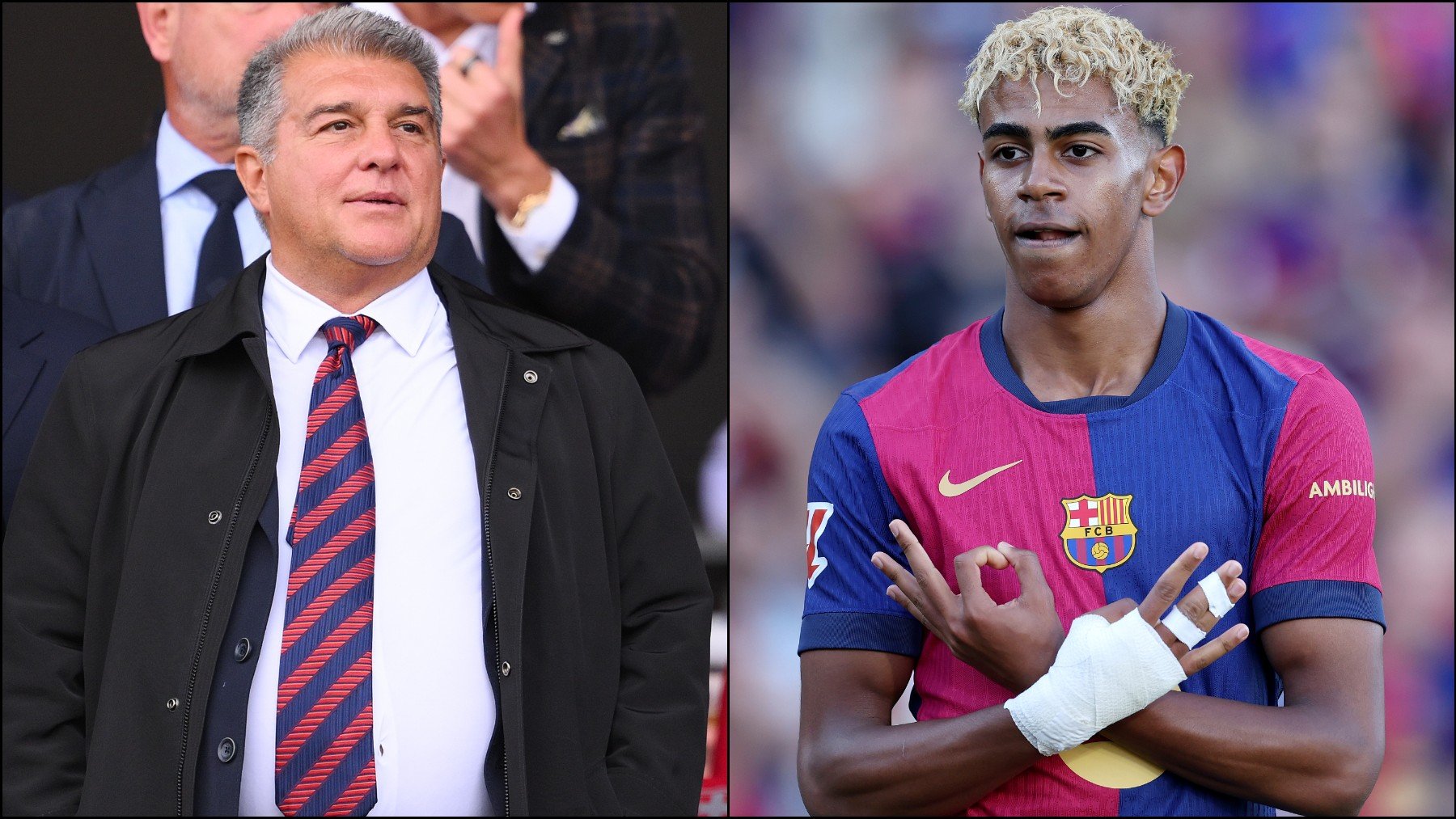 Joan Laporta a la izquierda y Lamine Yamal a la derecha. (Getty)