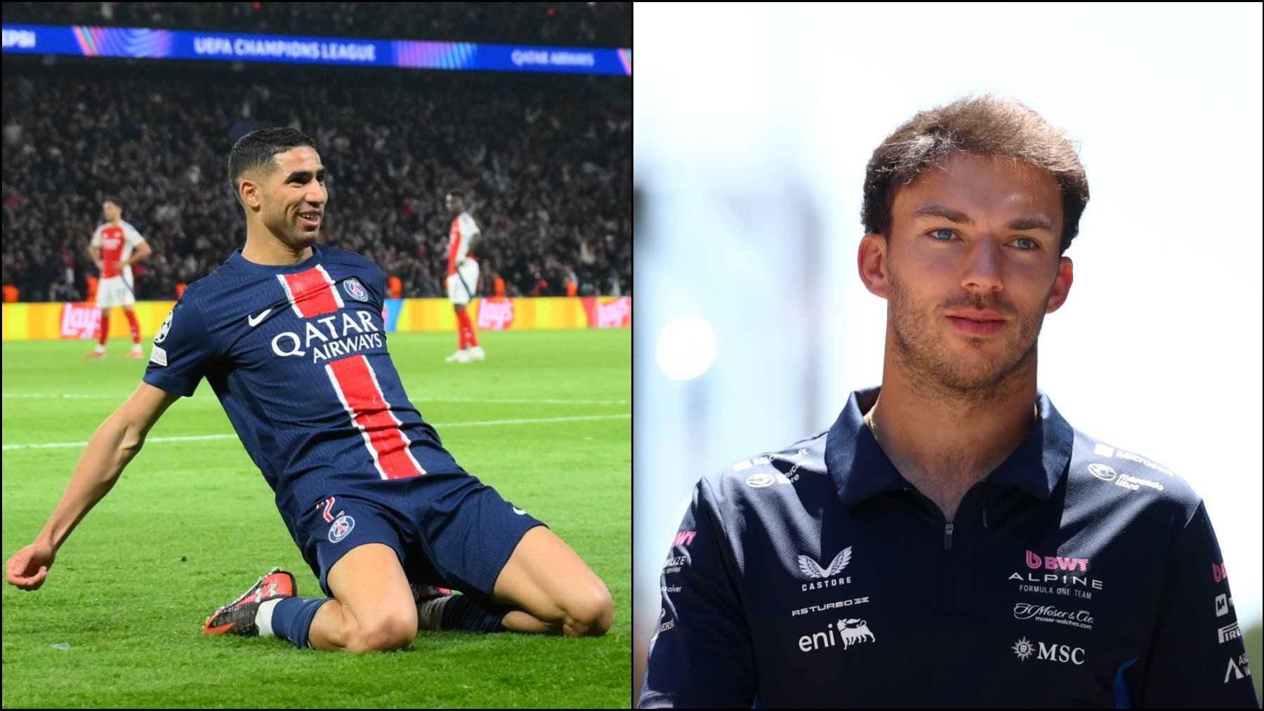 Gasly a la derecha y Achraf celebrando un gol con el PSG a la izquierda. (Getty)