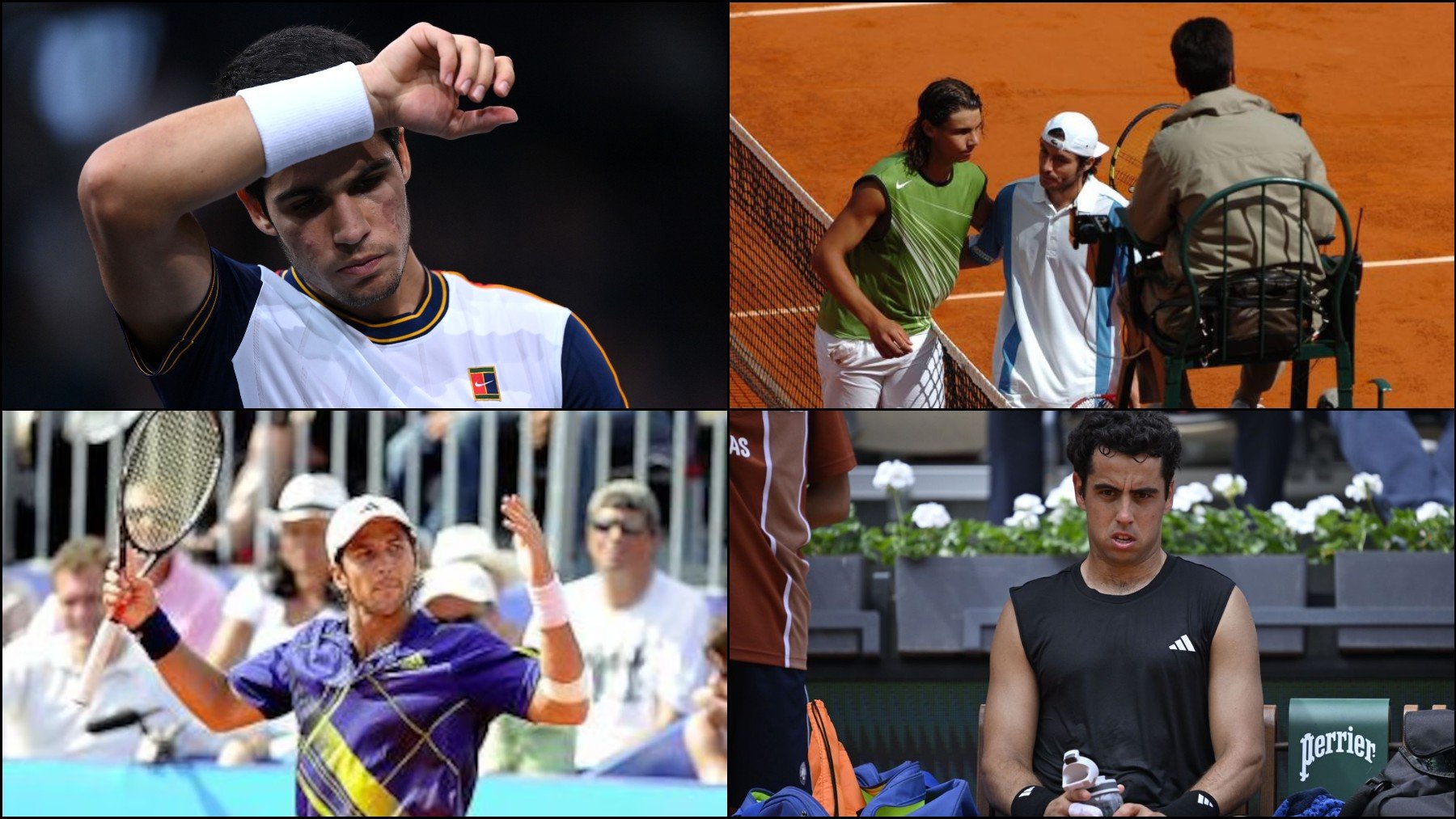 Montaje con imágenes de los grotescos episodios vividos por Alcaraz, Nadal, Verdasco y Munar.