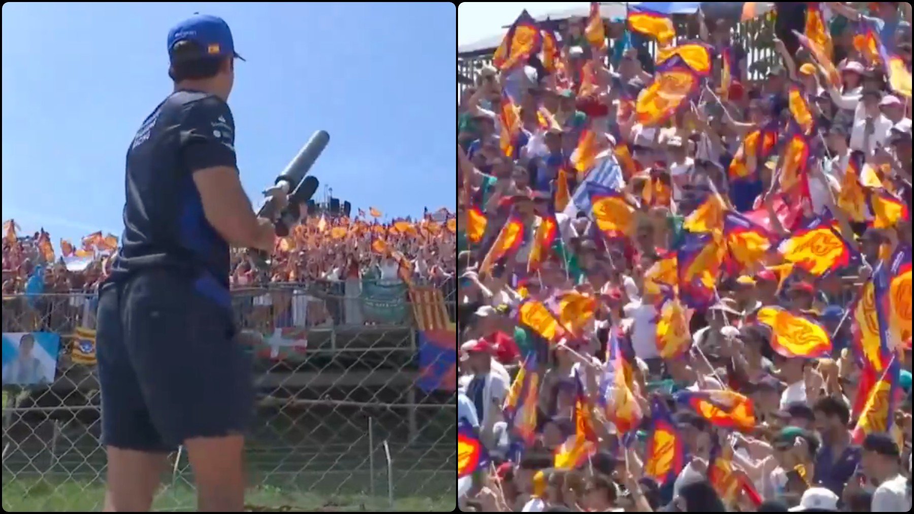 La grada de Carlos Sainz se inunda de banderas de España en Montmeló. (Captura de pantalla)