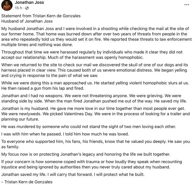 Comunicado de Tristan Kern de Gonzales, marido de Jonathan Joss. (Facebook)