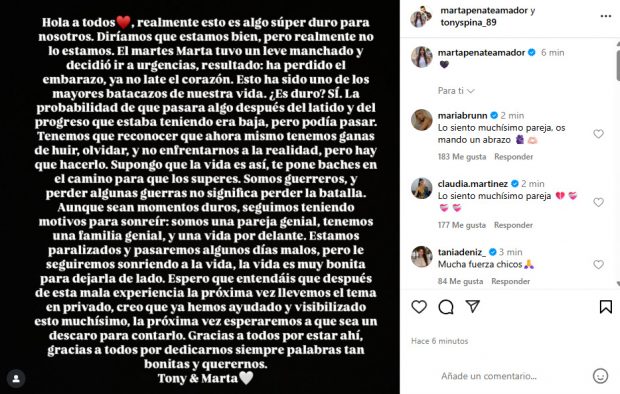 Comunicado de Marta Peñate y Tony Spina en Instagram.