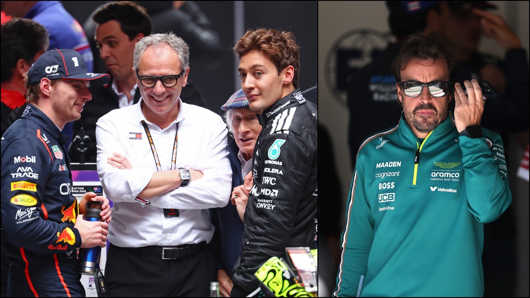 Verstappen, Domenicali y Russell y al otro lado, Alonso. (Getty)