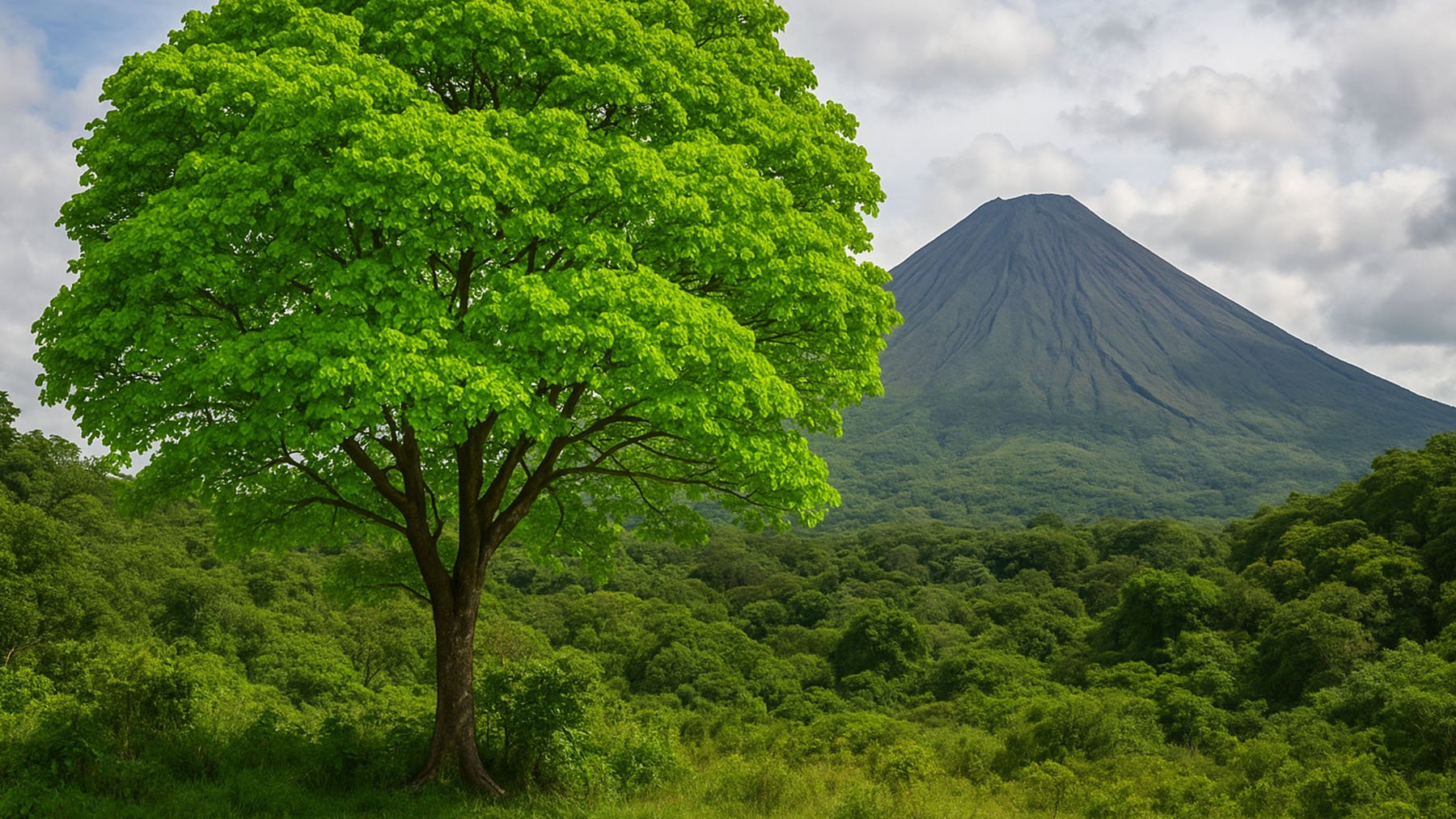 Árbol frondoso cerca de un volcán. Foto: ilustración propia.