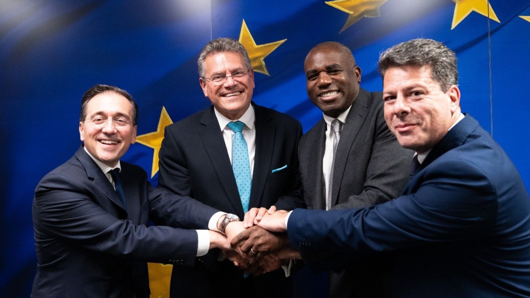 José Manuel Albares junto a Fabian Picardo, David Lammy y Maros Sefcovic. (MAEC)