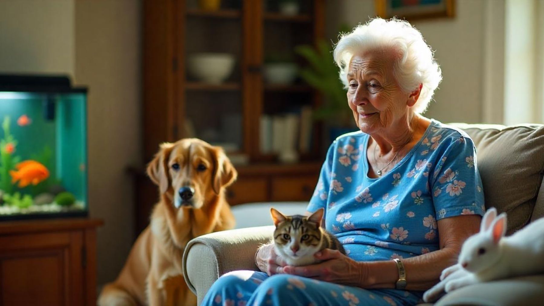 Una persona mayor rodeada de animales. Foto: Freepik IA