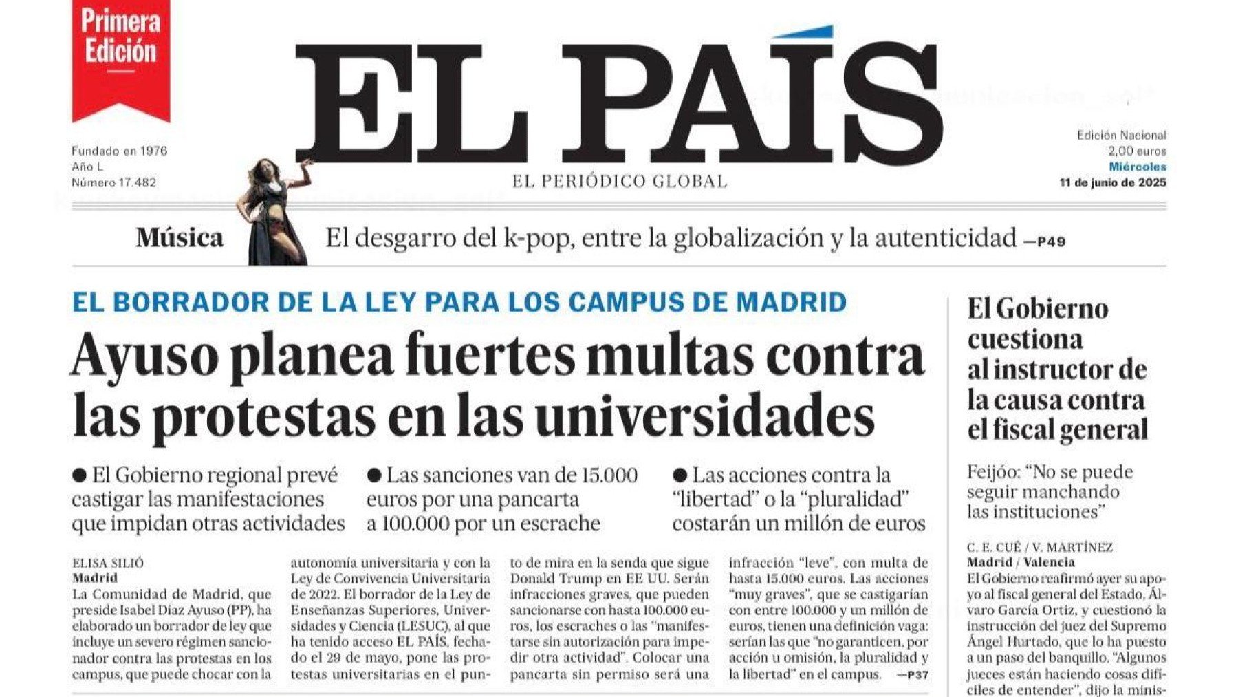 Portada de ‘El País’ del 11 de junio de 2025.