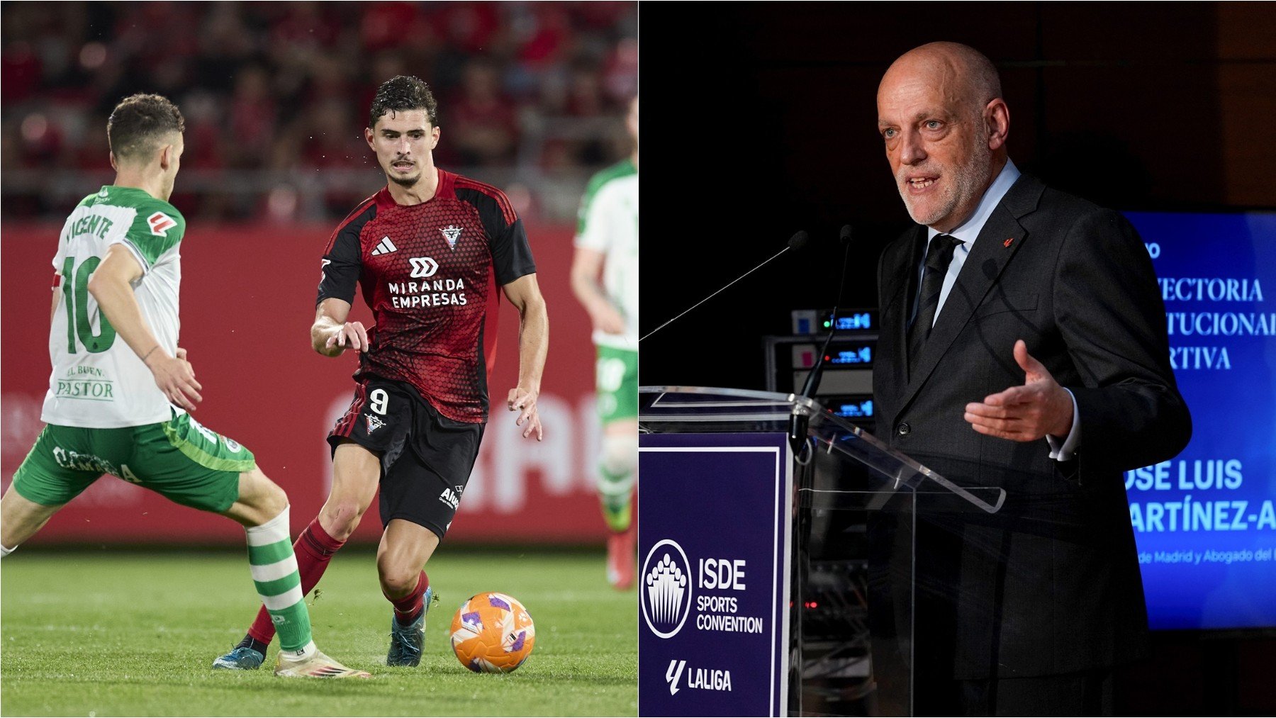 Mirandés-Racing y Javier Tebas. (EP)