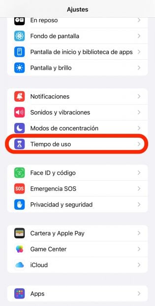 Ajustes del iPhone con opción Tiempo de uso