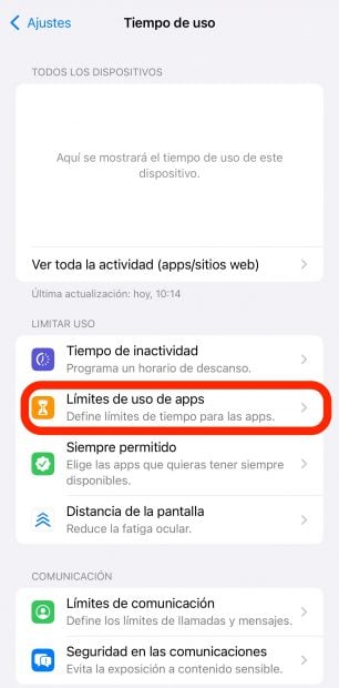 Pantalla de Tiempo de uso con opciones