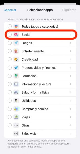 Selección de categorías de apps con Social resaltado