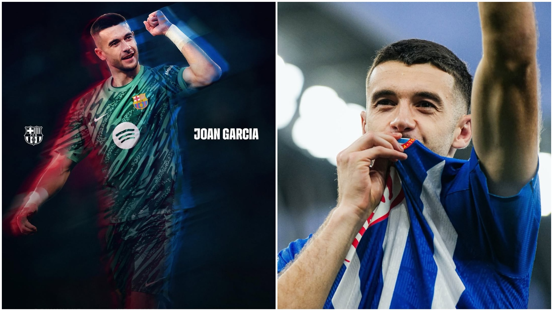 Joan García con su nuevo club y besando el escudo del Espanyol. (@__joangarcia)