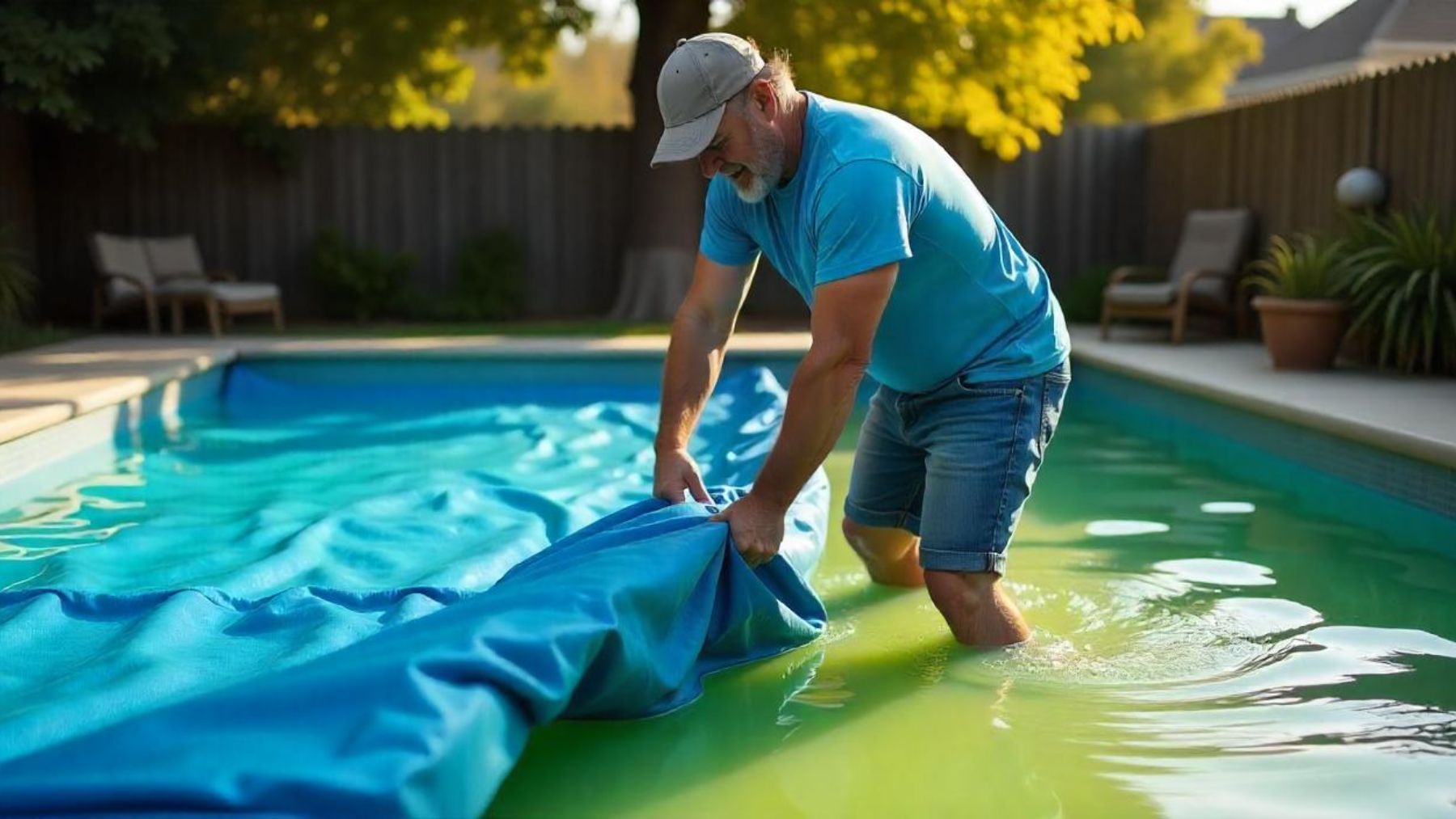 Un hombre tapando su piscina. Foto: Freepik IA